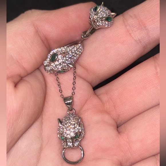 Silver Panther Head Necklace & Matching Earrings Set with Emerald Green Eyes - Picture 5 of 5